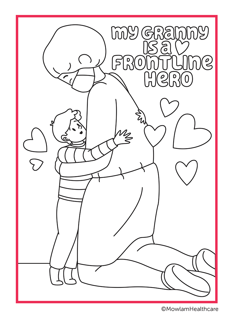 colouring-page-frontline-hero-granny free, colouring, page, download, activity page, covid, residents, nursing, homes, mowlam, healthcare, frontline, heros, healthcare, health, workers, nurses, carers